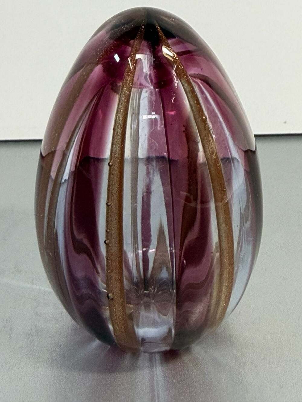 Murano Glass Egg Paperweight Purple Aventurine Gold Fleck Ribbed Art Glass Made